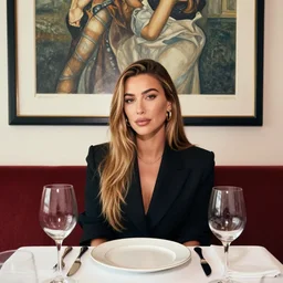 hailey baldwin portrait, sitting down behind table, restaurant, artwork by gaston bussiere, craig mullins, trending on artstation