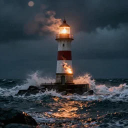 lomo photo of burning lighthouse in the middle of a stormy sea, cinestill, bokeh, out of focus, night, dramatic lighting, streetlight