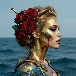 portrait of american woman :: side profile :: in ocean :: roses and guns metal details :: gold :: blood and horror ::  by marvel and Sandra Chevrier