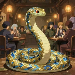 an ethereal humanoid snake with wraith like featured, golden scales and blue accents across its design, seated in a lively tavern full of fantasy spirits and heroes, warm lights, lighthearted celebration, art by yuji ikehata and satoshi kon, background art by miyazaki, realism, proper human male proportions, fully clothed, dungeons and dragons, anime