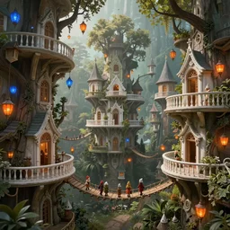 treetop elf village made up of white balconies and connected by rope bridges. Elaborate fancy architecture. Magical lanterns in blue or orange. Ground level view looking at the canopy. Elf people walking around. Mystical fantasy atmosphere. Style of Lothlórien from the Lord of the Rings movies. Detailed matte painting trending in artstation