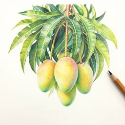 Colored pencil art on paper, Mango tree, highly detailed, artstation, MasterPiece, Award-Winning, Caran d'Ache Luminance