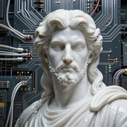 an intimidating quarter - length portrait of a mythological god made plugged into a cyber mainframe by cables and circuitry, cinematic lighting, smooth, high detail, high octane, unreal engine, octane render, by vitaly bulgarov artstation, golden rule, sense of action, fog volumes, vivid color glow, post processing, cgsociety