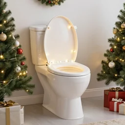 open toilet with christmas lights inside, christmas decorations surround the room