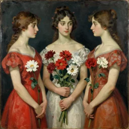 painting by Balthus, three women, red and white flowers, dresses, feminine