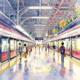 a beautiful insanely intricate watercolor illustration of modern metro station, reflexions, colorfull, by william turner art, by greg rutkowski, by james jean, by rossdraws, by frank franzzeta, by sakimichan, trending on artstation, insanely detailed, masterpiece,