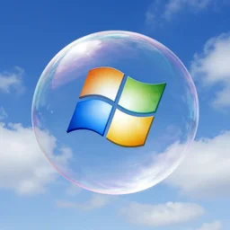 A photograph of the Windows XP Bliss wallpaper inside of a giant floating soap bubble, floating in a blue and cloudy sky.