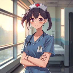 a poster of a cute nurse in nurse uniform, hospital ward, windows, sunrise lighting, perfect faces, max details, anime, realistic, 8 k, hdr, by stephan koldi