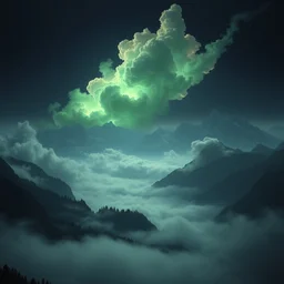 a beautiful digital artwork of a swiss landscape with dream clouds converging into a nebula, fog, dark, volumetric lighting, tall mountains in the background, night, very detailed, cirrus, green accents, gold accents, washed out colors, ultrarealistic, master level composition, exhibit at the louvre museum