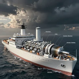 cutaway diagram of a ship line drawing labelled engine parts harpoon tesla coil