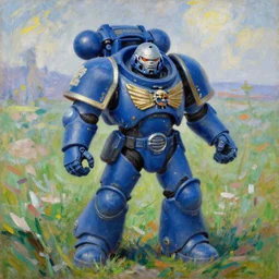 a painting of a blue warhammer 4 0 k space marine in a field, by monet,