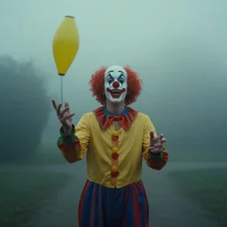 cinematic shot of a happy juggling clown, moody scene from being john malcovich directed by charlie kaufman ( 2 0 0 1 ), foggy volumetric light morning, anamorphic lenses, kodak color film stock