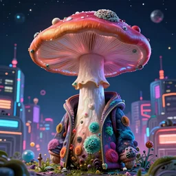 portrait of a psychedelic cybernetic mushroom with toxic mold themed clothes, macro photography, techno planet in cybernetic neo - tokyo in background, by jeff easley, vibrant colors, award winning, stylized neon, post - processing, by tsutomu nihei, superb resolution, by junji ito, by greg rutkowski, 8 k, hyper realistic anime, perfect art
