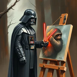 darth vader stands at his easel, painting an ewok