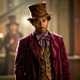 portrait kanye west as willy wonka in django unchained, splash art, movie still, cinematic lighting, ray tracing, octane render, long lens, shallow depth of field, bokeh, anamorphic lens flare, 8 k, hyper detailed, 3 5 mm film grain
