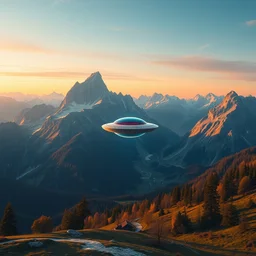 matte painting of beautiful mountain landscape in northern switzerland with an ufo in the center, by albert whitlock, amazing details, beautiful composition, vibrant colors, bird eye view, luminescent, warm hue's
