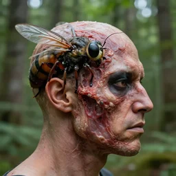 human head mutation into an insect head, half - profile shot, meaty. in the forest. photorealistic ; highly - detailed.
