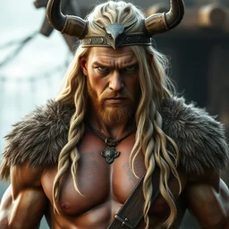 a handsome bodybuilder viking girl with blond hair, clash royal style characters, unreal engine 5, octane render, detailed, cinematografic, cinema 4 d