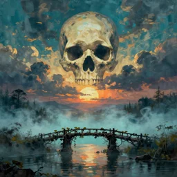 very textured post apocalyptic moody panoramic cinemascope background , sunset, cyan fog , vine bridge silhouette over lake , dramatic sky , clouds in the shape of a skull, backlight , oil painting art by frazetta