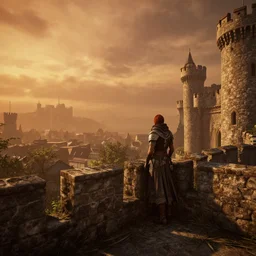delicious castle wall outdoors view from standing on the wall looking out at the city atmospheric unreal engine hyperreallistic render 8 k concept art masterpiece screenshot from the video game the elder scrolls v : skyrim moody orange 2 7 0 0 k global illumination