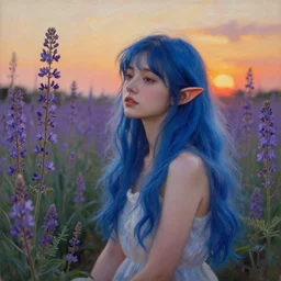 photograph of a young woman with blue hair lush flowering indigofera, serene sunset, surrounded by flowers, low lights, elven ears, oil painting, rough skin pores texture, cute and gorgeous, a masterpiece hyperrealistic, ultra detailed fullbody, photoreal image, actual person, extremely detailed, trending on artstation, 4 k.