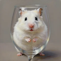 large white fluffy hamster inside wine glass, hyperrealism oil painting