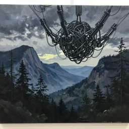 a masterclass painting of a gloomy twilight forest mountain landscape. a giant tangled robotic wire structure is hanging from the sky in the middle of the landscape, not touching the ground