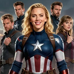 captain america as an attractive young smiling woman played by by scarlett johansson wearing heavy armour, face portrait, athletic strong body, hd shot, digital portrait, elegant, beautiful, fantasy art, artstation, comic style, by artgerm, guy denning, jakub rozalski, magali villeneuve and charlie bowater