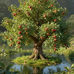 apple tree with low hanging fruits in a pond, by james gurney, concept art, intricate, hyper detailed, volumetric lighting, sharp focus, octane render, trending on artstation, 8 k
