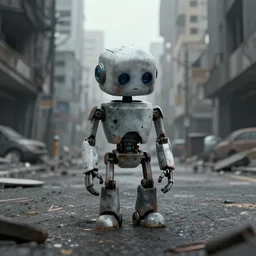 a sad robot in a street of a post apocalyptic city