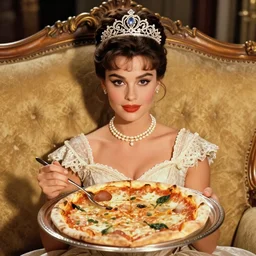 restored photo of young sophia loren having pizza served on a silver platter, relaxed pose on antique luxury sofa, intricate ornamented tiara, opulent pearl necklace, laced dress, golden lighting, perfectly lit face, symmetrical details, sharp focus, burlesque photo