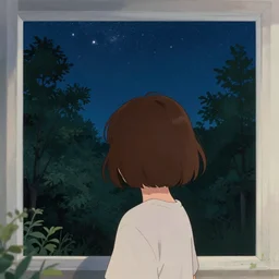 a girl with short brown hair, trees and the night sky with stars in the background