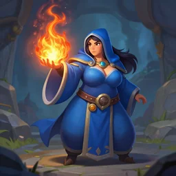 a female mage with a blue robe and casting a fire spell, Hearthstone official splash art, tinyest midriff ever, largest haunches ever, fullest body, small head, melon shaped bust, SFW, SFW, perfect master piece, award winning