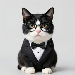 digital art of a tuxedo cat wearing glasses and a tuxedo