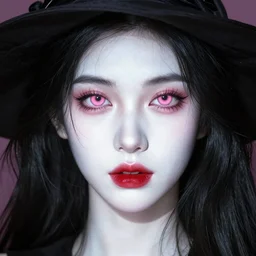 portrait of a beautiful witch, pretty, pink eyes, bright white face, red lips, black hair, ultra realistic, hyperrealisme, HDR,