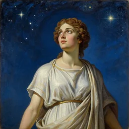 painting of hypatia of alexandria, beautiful ancient greek curly - haired woman, looking in awe at the night sky full of stars