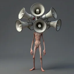 a very thin tall humanoid with several megaphones instead of a head. character concept art, extremely high details, artstation contest winner, art by dariusz zawadzki, simon stalenhag. masterpiece