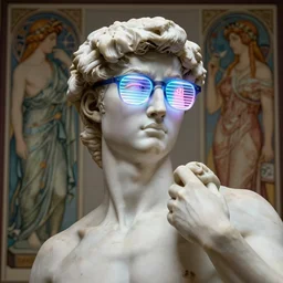 a detailed marble sculpture of david of israel wearing glowing neon slotted 1 9 8 0 s glasses, vaporwave style masterpiece, 8 k, art by greg rutkowski and albert bierstadt and arthur rackham and alphones mucha