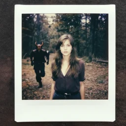 medium shot, a young woman towards the camera, a demon is chasing her, woods, polaroid photo, vintage, neutral colors, by gregory crewdson