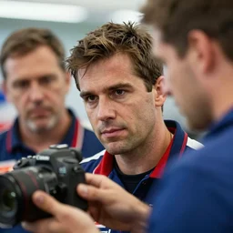 closeup portrait of a pit crew at the formula 1, by Steve McCurry and David Lazar, natural light, detailed face, CANON Eos C300, ƒ1.8, 35mm, 8K, medium-format print