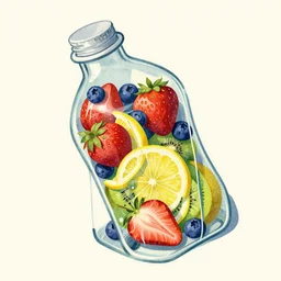( ( dither ) ), editorial illustration strawberries blueberries sliced kiwi sliced lemon inside a clear drinking bottle, isometric, modern art deco, ( ( mads berg ) ), detailed, dynamic composition, wide angle, matte print, strong grain, art nouveau, gertrude abercrombie