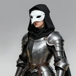 female plague doctor donning a black hood, steel armor and a white crow mask, trending on artstation