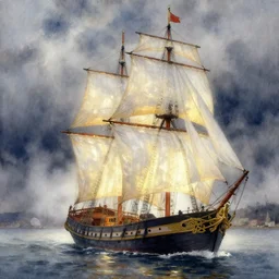 watercolor painting of boat with translucent sail, backlit ship, details, decorative, art by anders zorn, wonderful masterpiece by greg rutkowski, beautiful cinematic light, american romanticism by greg manchess, creation by tyler edlin, stormclouds and harbour in distant background, foggy