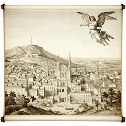 the great city, ancient land, illustration, scroll painting, angelic, by annibale carracci