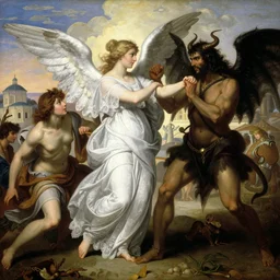 beautiful renaissance painting of a angel woman clothed in white lace linen fighting against satan with a roman town in the background by frank frazetta, charlie bowater, magali villeneuve, j. c. leyendecker, ultra realistic, 4 k, photo realistic, volumetric lighting,