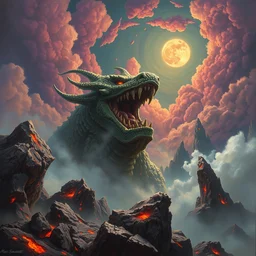 concept art of kirby, lava rocks, renaissance, roaring, melting horror, round moon, rich clouds, fighting the horrors of the unknown, overgrown, very detailed, volumetric light, mist, fine art, decaying, textured oil over canvas, epic fantasy art, very colorful, ornate scales, marc simonetti