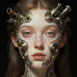 symmetry!! hailey clauson, machine parts embedded into face, intricate, elegant, highly detailed, digital painting, artstation, concept art, smooth, sharp focus, illustration, art by artgerm and greg rutkowski and alphonse mucha, 8 k