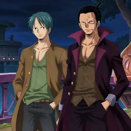 two young men, one man human, one man vampire, night, on a bridge, in the style of one piece
