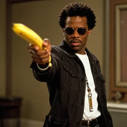 samuel lee jackson as jules winnfield pointing a banana as a weapon, pulp fiction, 8 k