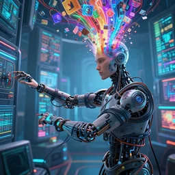 a human cyborg with limbs stretches out tied with electrical cables connected to an infinite supercomputer, flood of color and images flowing from his head, 3 d render, octane, insane details